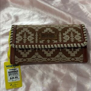 Wrangler Brown Aztec-Print Trifold Wallet with White Whipstitch Trim